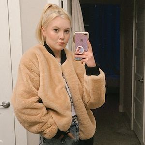 ASOS Faux Fur Unisex Medium Bomber Jacket in Tan